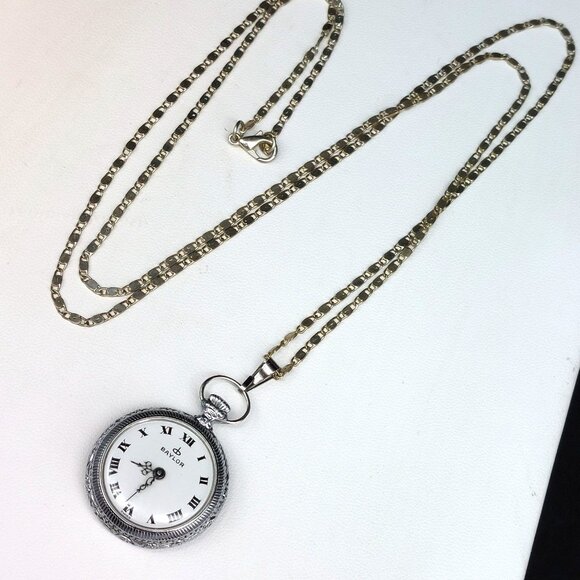 Vintage Baylor Swiss Mechanical Pendant Watch Necklace w/ 28" Gold Scroll Chain - Picture 1 of 6